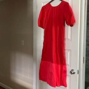 Super cute red and pink color block maxi dress with balloon short sleeves